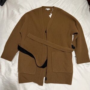 NWT New w Tags Vince leather belt Ribbed Cardigan Almond L Large Wool Cashmere